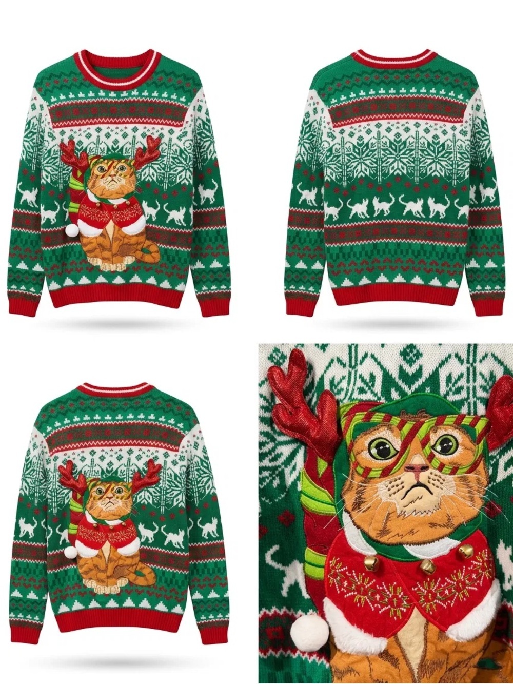 EUC Festive Green & Red Cat Reindeer Holiday Sweater - Cat Theme Large
